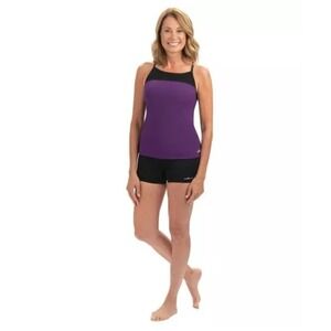 NWT Dolfin M Aquashape Solid Triple Crossback Tankini Top Purple & Black #110084